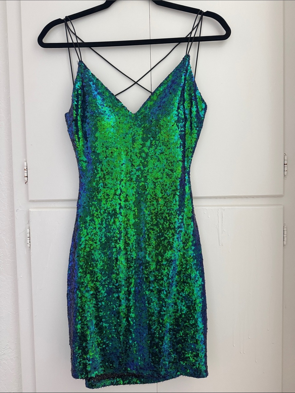 B Darlin Green and Blue Iridescent Sequin Mini Dress